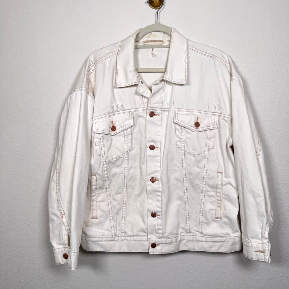 Free People Women Trucker Denim Jacket Size M/L Cotton Casual Boho Relaxed Cream